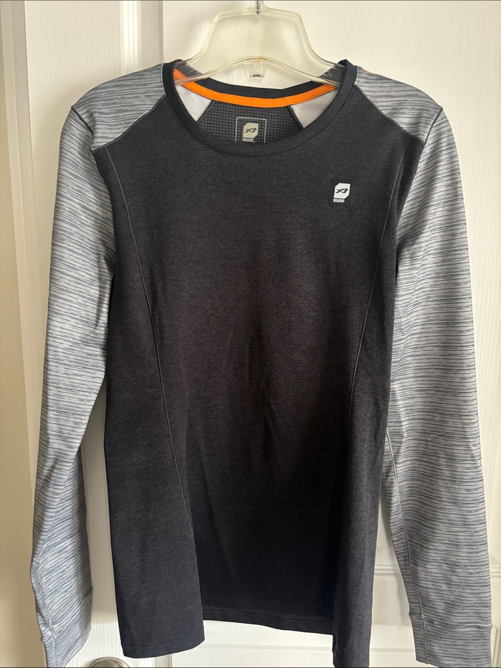 Orage Black Long-Sleeve Tee with Heather Gray Sleeves and Orange Trim